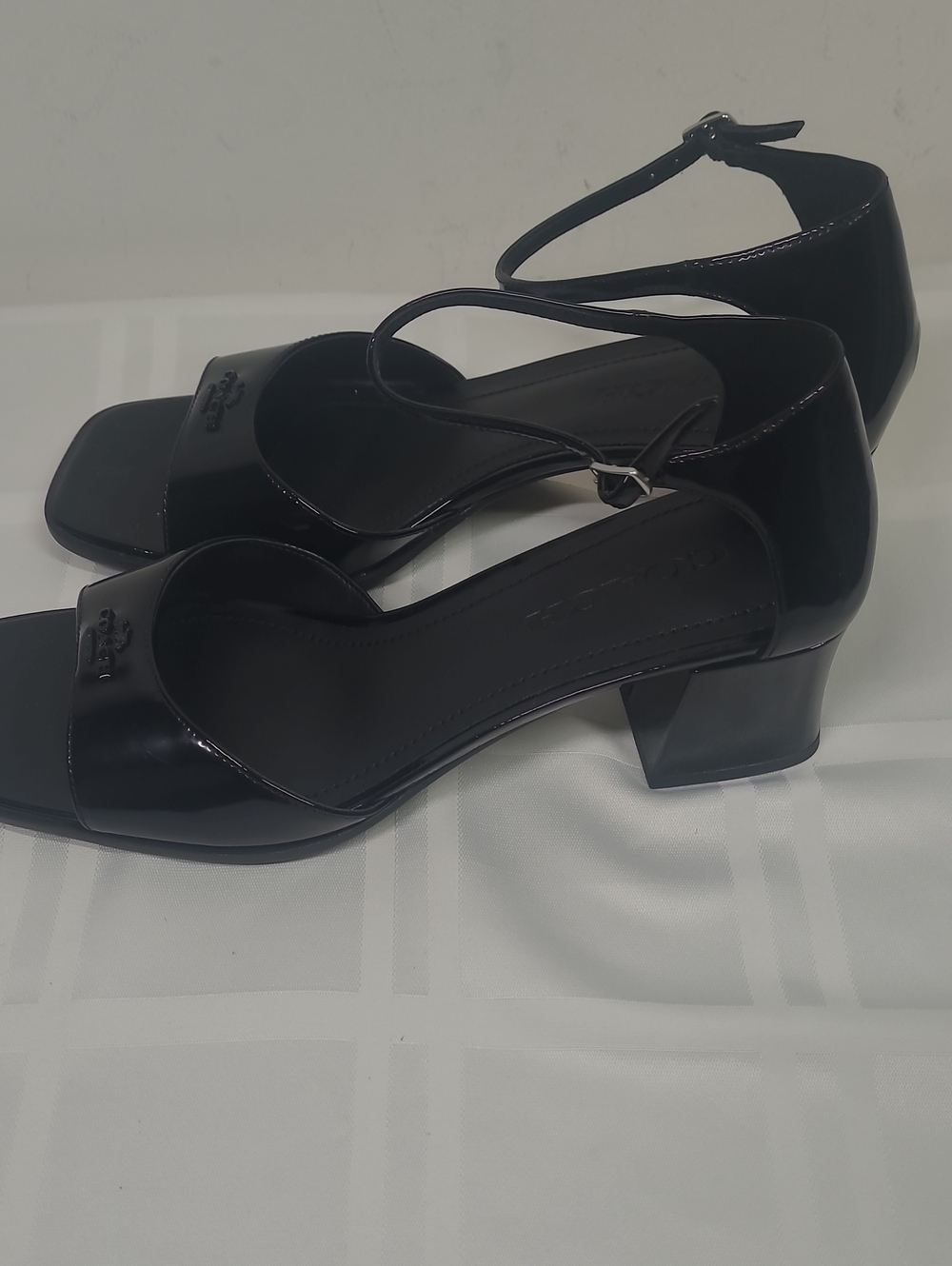 Coach Black Patent Leather Square Toe Block Heel Sandals with Ankle Strap - Picture 3 of 8
